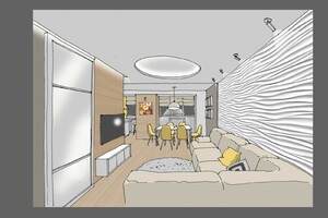Заказать  онлайн нетривиальный Блиц-проект интерьеров жилого пространства в г. Днепр  . Гостиная-столовая 32 м2. Вид 3